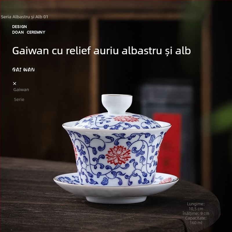 Gaiwan ceramic mare, cu decor albastru-auriu, set Gongfu pentru ceremonia ceaiului, stil retro chinezesc