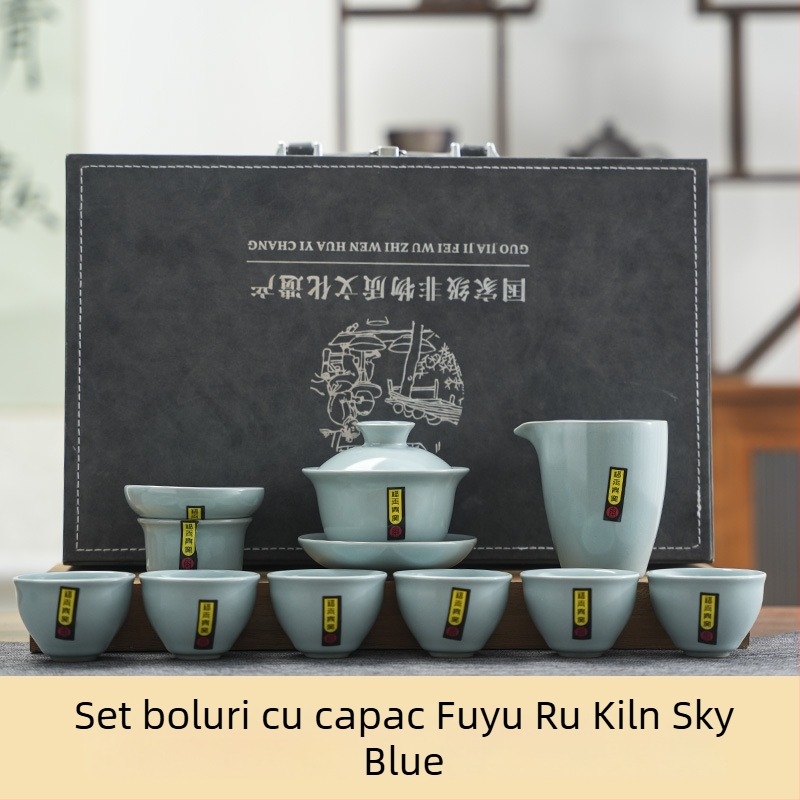 Set de ceai ceramic Ru Kiln, kung fu, în cutie cadou, set complet pentru uz casnic, cu imprimare a logo-ului