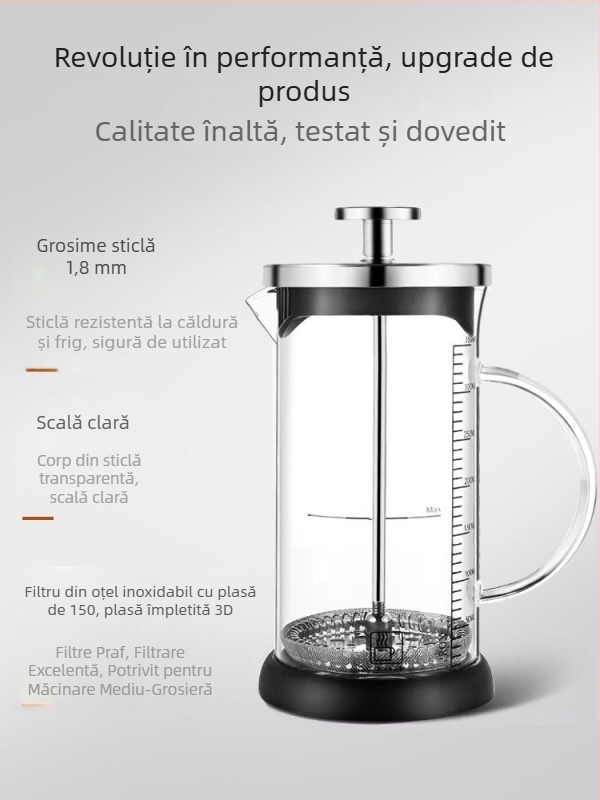 Set din sticlă pentru cafea și ceai, cu presă franceză, cană pentru turnare, filtru de cafea, set de ceai în stil francez și ceașcă pentru spumare lapte