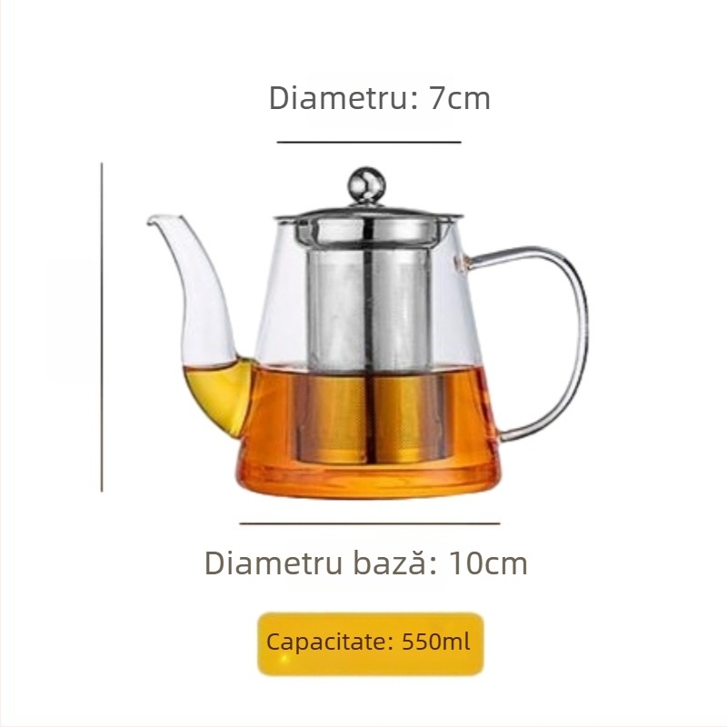 Ceainic cu gură curbată și corp drept, separator ceai-apă, pentru uz zilnic acasă, sticlă borosilikat rezistentă la temperaturi