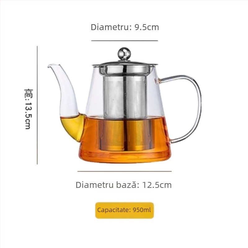 Ceainic cu gură curbată și corp drept, separator ceai-apă, pentru uz zilnic acasă, sticlă borosilikat rezistentă la temperaturi