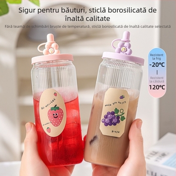 Cană din sticlă cu capac și pai pentru suc și ceai cu lapte, pentru femei, vară, rezistentă la temperaturi ridicate, sticlă borosilikată, design modern