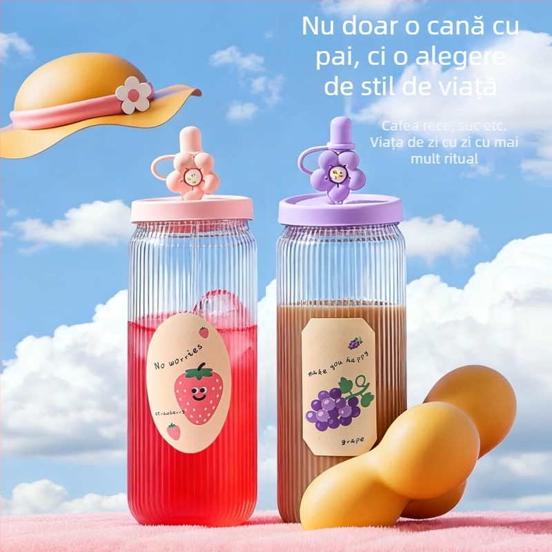 Cană din sticlă cu capac și pai pentru suc și ceai cu lapte, pentru femei, vară, rezistentă la temperaturi ridicate, sticlă borosilikată, design modern