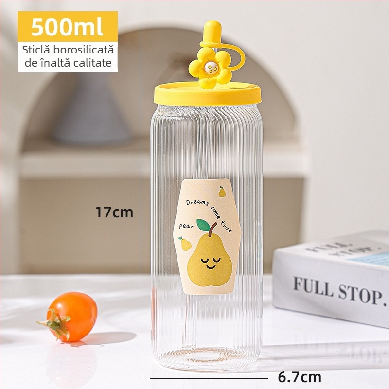 Cană din sticlă cu capac și pai pentru suc și ceai cu lapte, pentru femei, vară, rezistentă la temperaturi ridicate, sticlă borosilikată, design modern