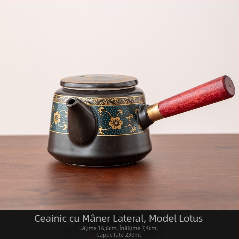 Ceainic ceramic cu mâner lateral din lemn, design anti-arziere, stil chinezesc Kung Fu, set de ceai cu filtrare și separare ceai-apă
