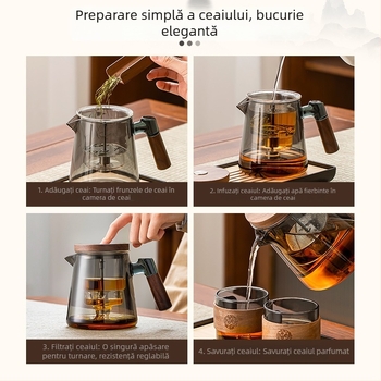Ceainic cu mâner din lemn și infuzor, sticlă rezistentă la temperatură, sistem de separare ceai-apă prin presare, set din trei cești