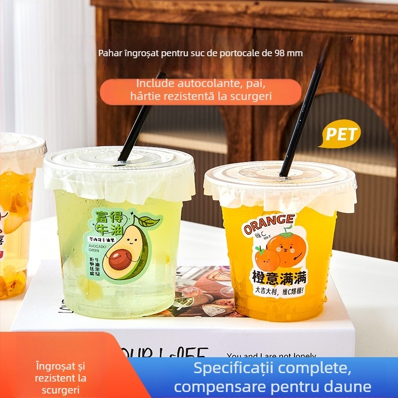 Pahar plastic de unică folosință pentru suc de portocale, transparent, diametru 98 mm, cu capac, pentru uz comercial
