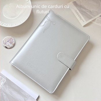 Album foto A5 argintiu cu patru compartimente pentru carduri, stil binder, husă PU