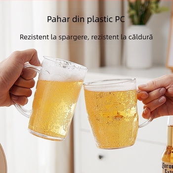 Pahar de bere de 500 ml cu mâner, din plastic transparent, gros