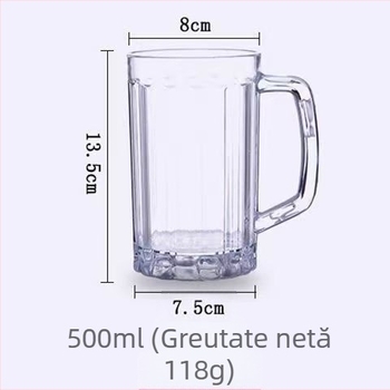 Pahar de bere de 500 ml cu mâner, din plastic transparent, gros