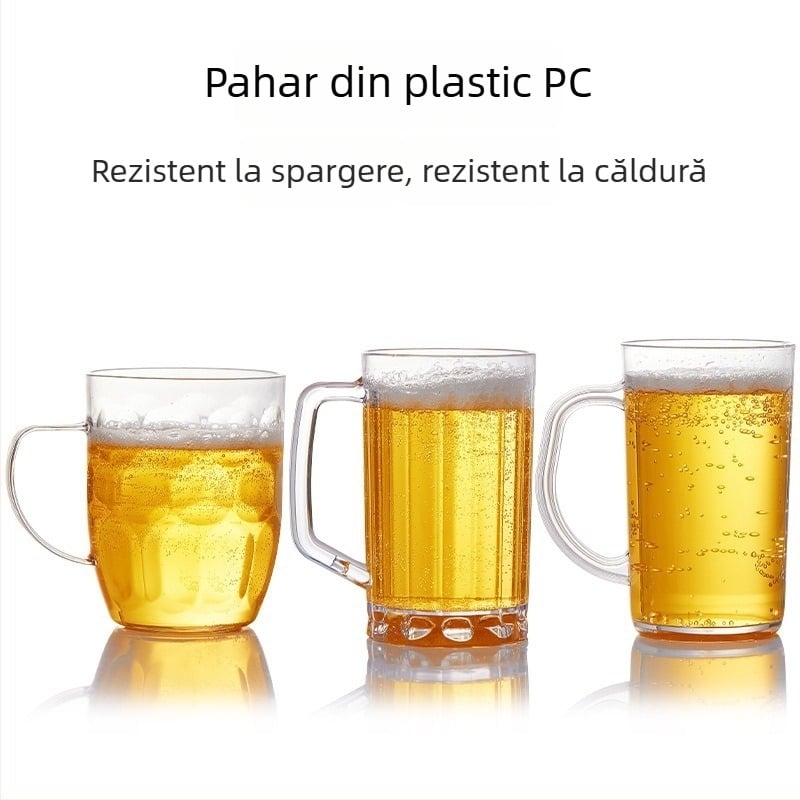 Pahar de bere de 500 ml cu mâner, din plastic transparent, gros