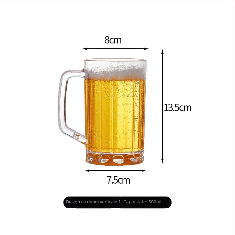 Pahar de bere de 500 ml cu mâner, din plastic transparent, gros