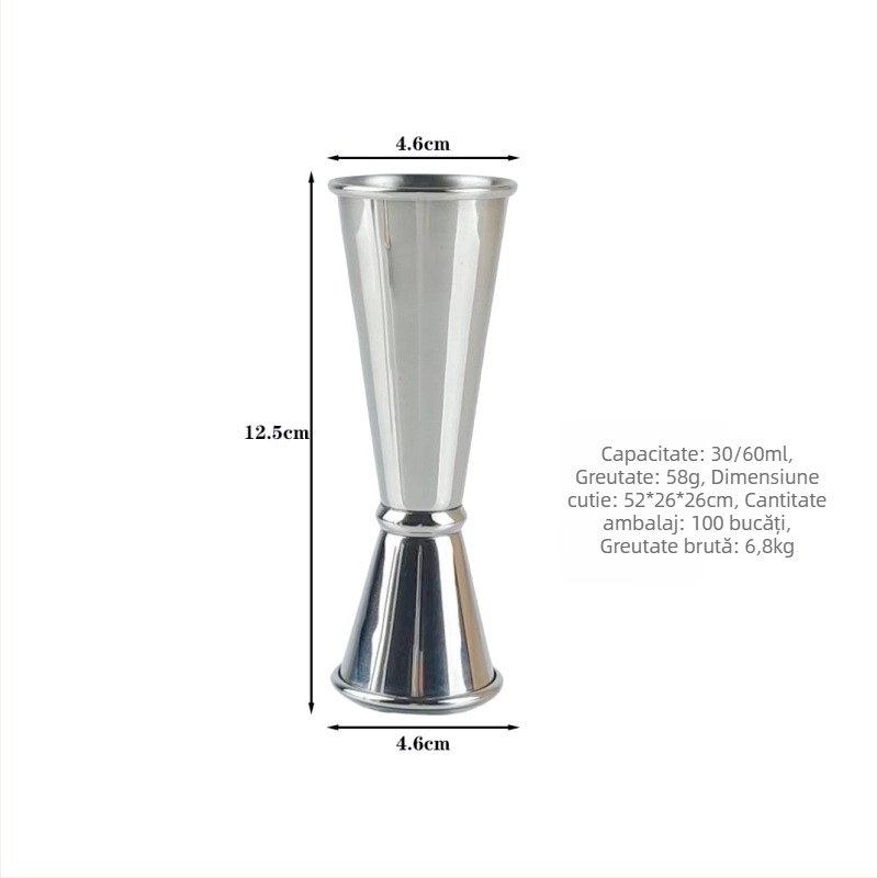 Măsurător pentru cocktail din oțel inoxidabil 304, cu două capete, scări 30/60 ml și margine îndoită în inel, pentru uncii