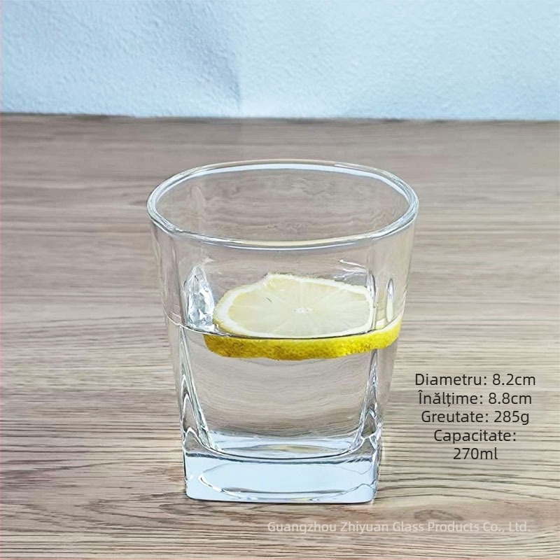 Pahar pătrat din sticlă groasă, transparent pentru apă, suc, lapte, whisky și bere, 301–400 ml