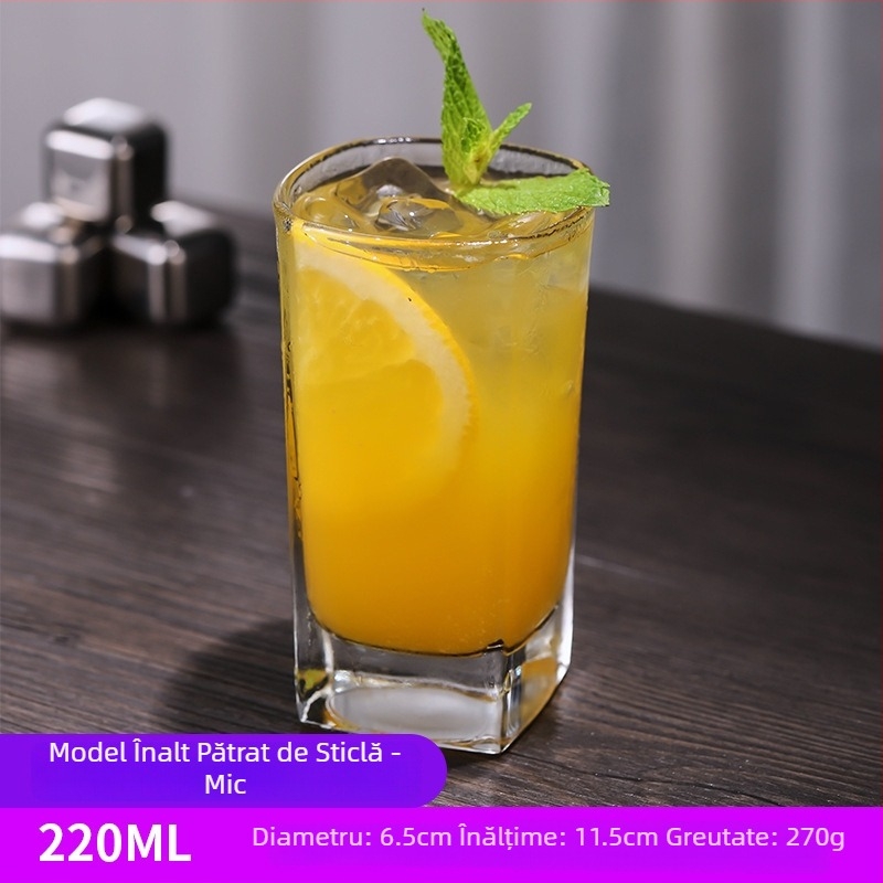 Pahar pătrat din sticlă groasă, transparent pentru apă, suc, lapte, whisky și bere, 301–400 ml