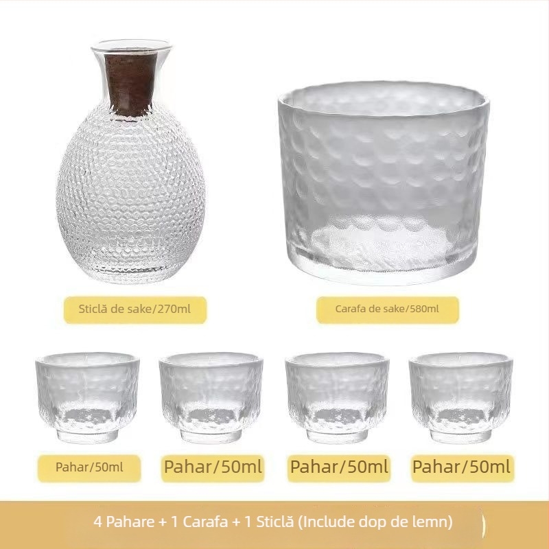 Set de sake în stil japonez, cu model ciocan, sticlă transparentă cu margine aurie, vas încălzitor și recipient pentru încălzire, 1–2 pahare mici, cutie cadou