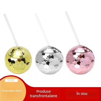 Pahar din plastic pentru apă cu design discoball și mingi strălucitoare, sferă electroplacată, pahar cu pai, stil de vin, 501–600 ml