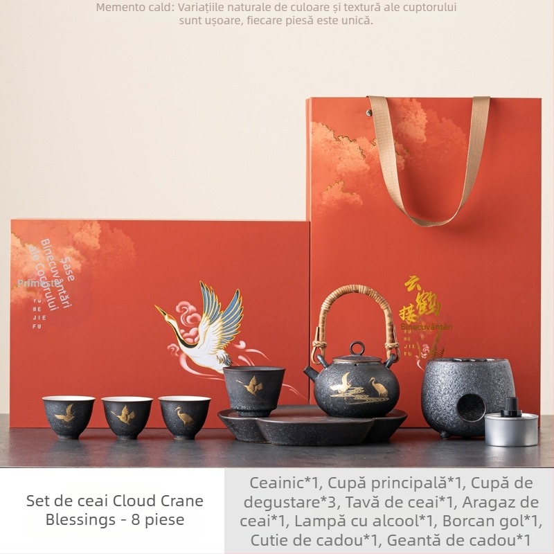 Set Gongfu de ceai din ceramică cu ceainic și fierbător într-o cutie cadou premium