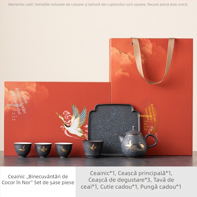 Set Gongfu de ceai din ceramică cu ceainic și fierbător într-o cutie cadou premium