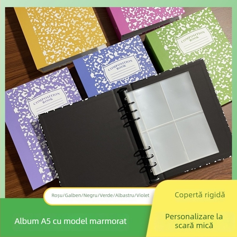 Album foto A5 cu model marmorat, patru buzunare, încleștare cu 6 găuri, pagini detașabile de 3 inch, copertă din carton