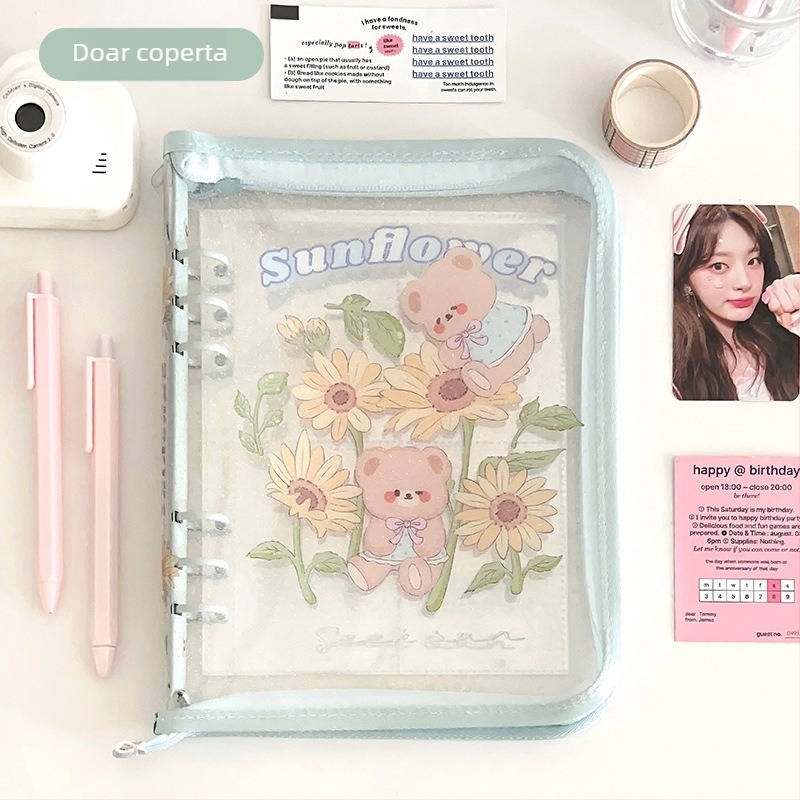 Album A5 cu fermoar pentru carduri, 4 buzunare, spații pentru carduri de 3 inch, design drăguț cu liliu al văii și cățeluș, cu 6 găuri