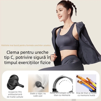 Căști sport cu clip Bluetooth 5.4, design semi-in-ear, confort pentru purtare îndelungată, stil clip, compatibile cu Android și iOS