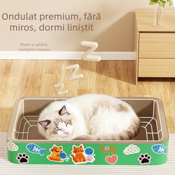 Combo mare: placă pătrată pentru zgâriere și pat pentru pisici, din carton ondulat durabil, rezistent la zgârieturi și emisii reduse de fibre