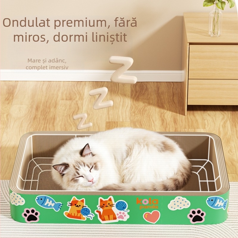 Combo mare: placă pătrată pentru zgâriere și pat pentru pisici, din carton ondulat durabil, rezistent la zgârieturi și emisii reduse de fibre
