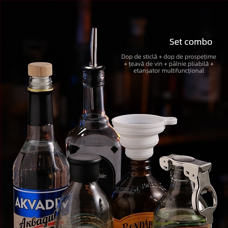 Distribuitor din oțel inoxidabil cu flux reglabil; turnător pentru vin și ulei, dop de sticlă și dop pentru cocktail