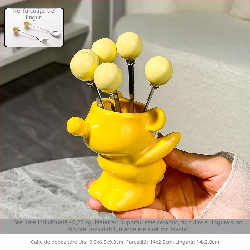 Set dublu: suport ceramic pentru scobitori și set de furculițe pentru fructe, cu design drăguț de pui