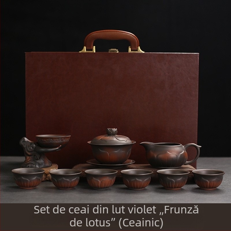 Set Kung Fu de ceai din argilă mov — ceainic ceramic cu bol acoperit, cutie cadou luxoasă
