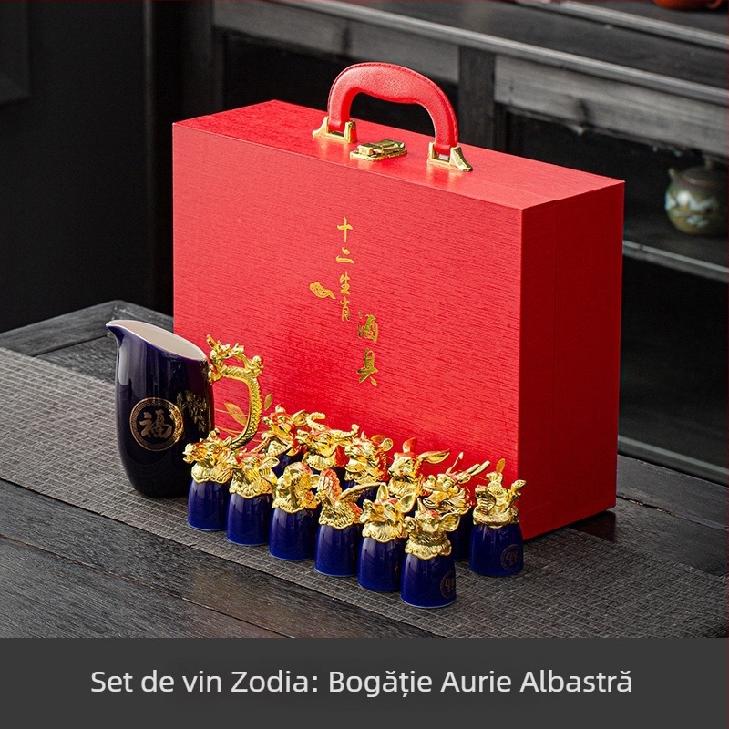 Set de vin din porțelan cu 12 pahare și dozator ceramic, motif zodiac cu capete de animale, stil național, cadou pentru nuntă sau afaceri