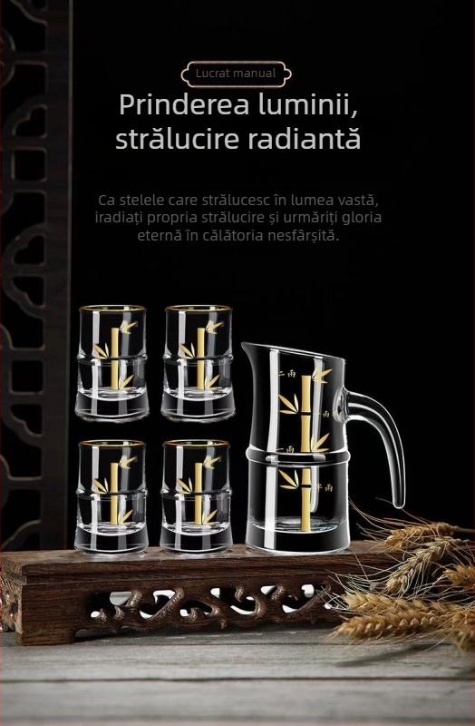Set de lichior de 100 ml cu patru pahare de cristal, sticlă cu scară și dozator în stil bambus.