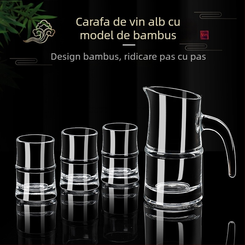 Set de lichior de 100 ml cu patru pahare de cristal, sticlă cu scară și dozator în stil bambus.