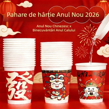 2026 Anul Cailor: pahare de hârtie de unică folosință, culoare roșie în stil festiv chinezesc, pentru băuturi calde, 201–300 ml, cutie cu 10.000 bucăți