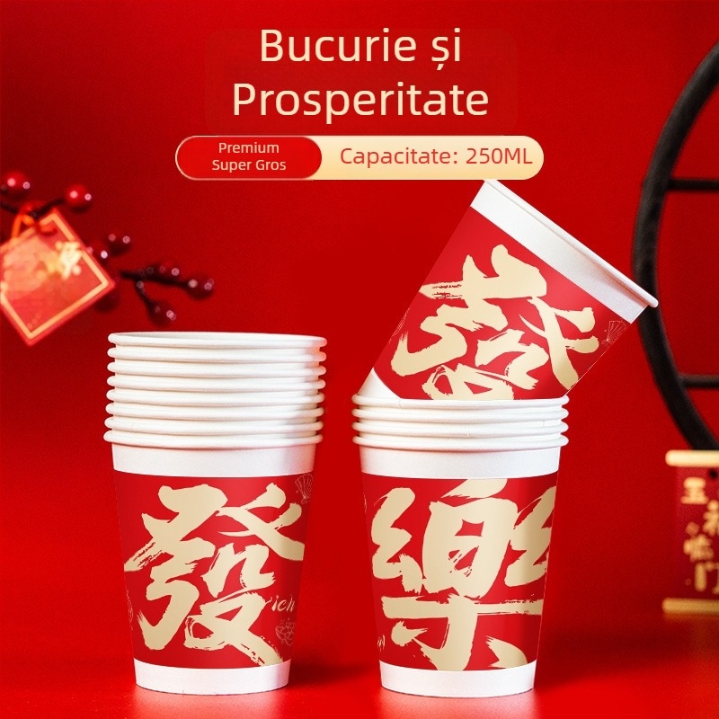 2026 Anul Cailor: pahare de hârtie de unică folosință, culoare roșie în stil festiv chinezesc, pentru băuturi calde, 201–300 ml, cutie cu 10.000 bucăți