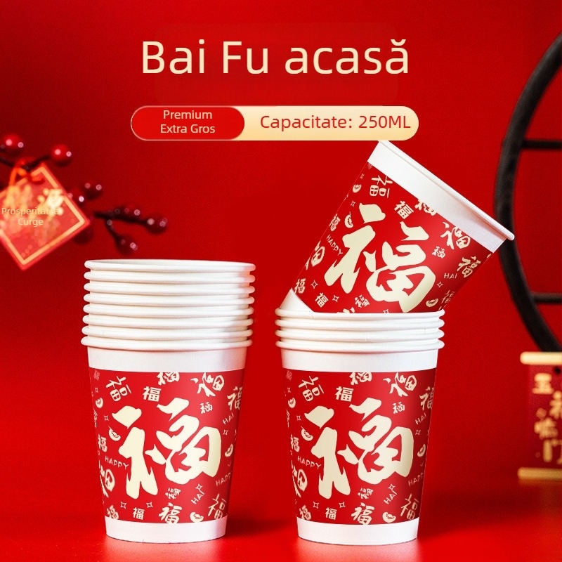 2026 Anul Cailor: pahare de hârtie de unică folosință, culoare roșie în stil festiv chinezesc, pentru băuturi calde, 201–300 ml, cutie cu 10.000 bucăți