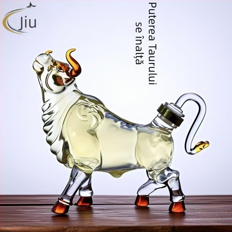 Decantor în formă de boul, cu design al celor douăsprezece zodii, din sticlă borosilikat de înaltă calitate, capacitate 501–600 ml