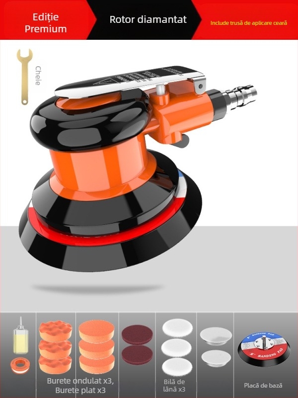Polizor pneumatic, compact, pentru șlefuire uscată cu șmirguri, calitate industrială, polisare rapidă și aplicare de ceară pentru autovehicule, aspirator de praf