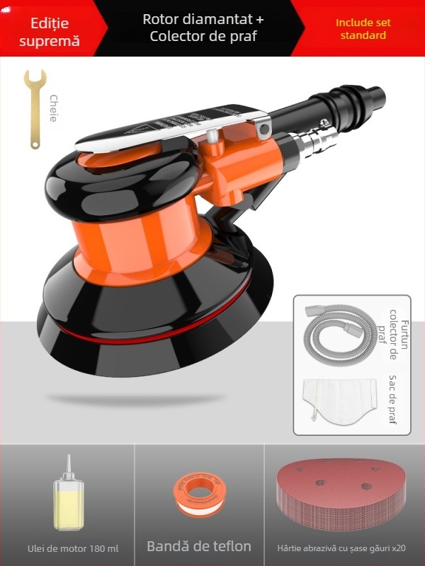 Polizor pneumatic, compact, pentru șlefuire uscată cu șmirguri, calitate industrială, polisare rapidă și aplicare de ceară pentru autovehicule, aspirator de praf