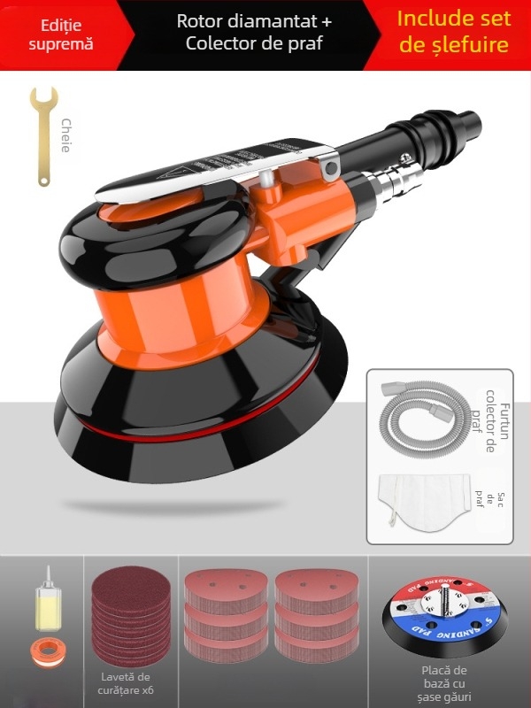 Polizor pneumatic, compact, pentru șlefuire uscată cu șmirguri, calitate industrială, polisare rapidă și aplicare de ceară pentru autovehicule, aspirator de praf