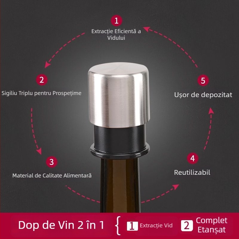 Stopper de vin din oțel inoxidabil – etanșare prin apăsare, universal pentru vin, anti scurgere, păstrarea prospețimii