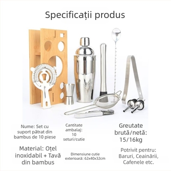 Set de 11 piese din oțel inoxidabil pentru shaker de cocktail cu bază din bambus