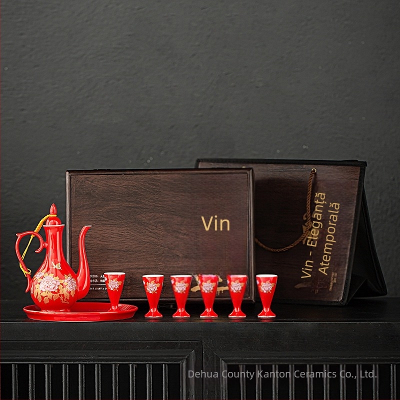 Set de vin în stil chinezesc, cutie cadou premium, pahare din porțelan albe, design antic și dozator de vin, logo inclus