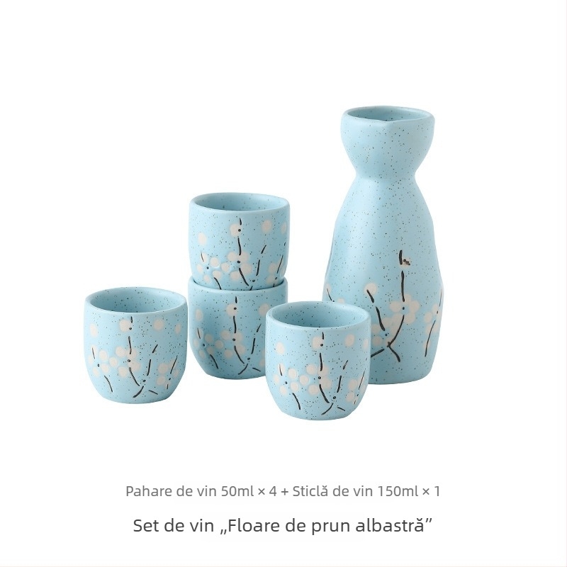 Set japonez de saké din porțelan pictat manual, cu un vas și patru pahare, ambalat individual într-o cutie cadou