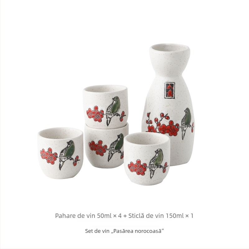 Set japonez de saké din porțelan pictat manual, cu un vas și patru pahare, ambalat individual într-o cutie cadou