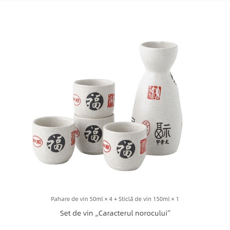 Set japonez de saké din porțelan pictat manual, cu un vas și patru pahare, ambalat individual într-o cutie cadou