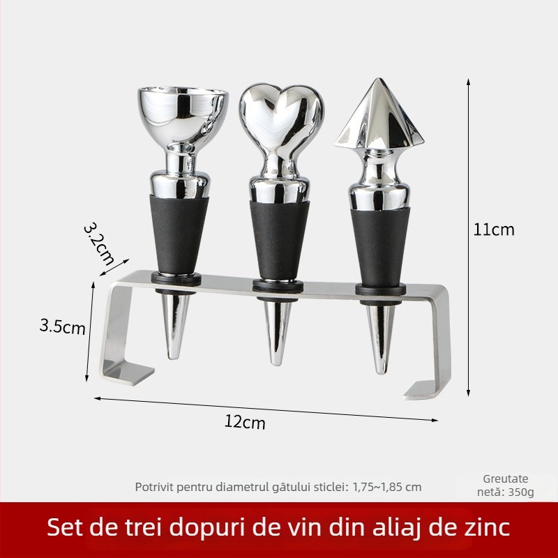 Set dopuri vin din aliaj de zinc (4 piese) cu suport – dopuri pentru sticle și capac etanș