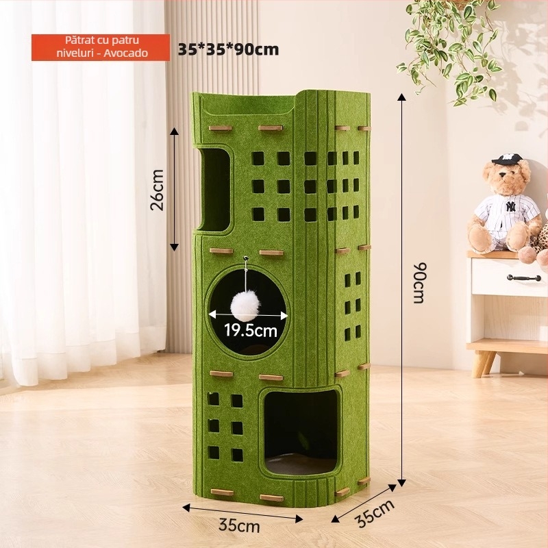 Copac pentru pisici cu vizuină încorporată, structură de cățărare pentru toate anotimpurile, placă de zgârieturi în două niveluri și casă închisă