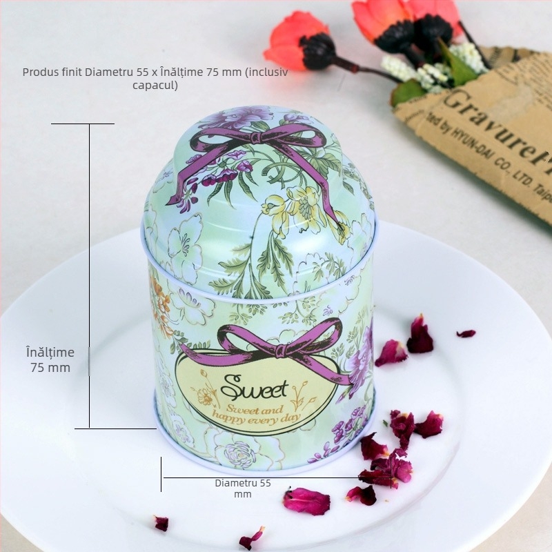 Cutie rotundă mică din metal pentru ceai, portabilă și sigilată, ceai Kuding, cutie de ceai cu model floral, cutie metalică personalizabilă